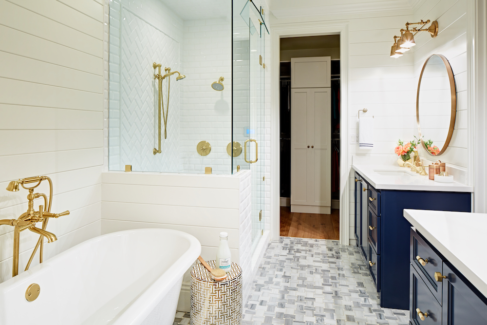 Navy and gold Master bath J & J Design Group